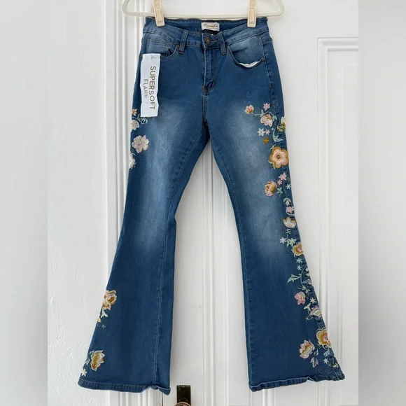 BAMBOO Blue Flare Jeans with Floral Embroidery - Picture 1 of 11